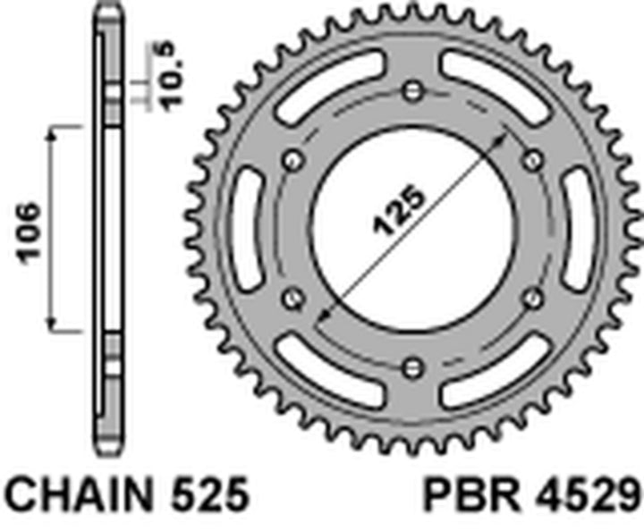 PBR Ultra-Light Aluminium Rear Sprocket 4529 - 525 4529 48 L med 48 tänder, designad för kedja 525, lättviktskomponent för motorcykelchassi.