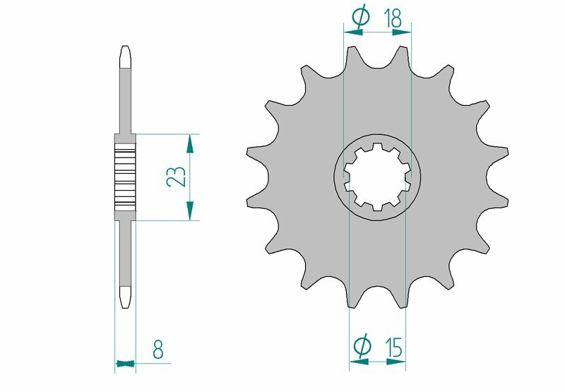 AFAM Steel Standard Front Sprocket 94108 - 415 med teknisk ritning. Passar Aprilia Classic 50, Pegaso 50, RS 50 och Rieju Drac 50 från olika år.