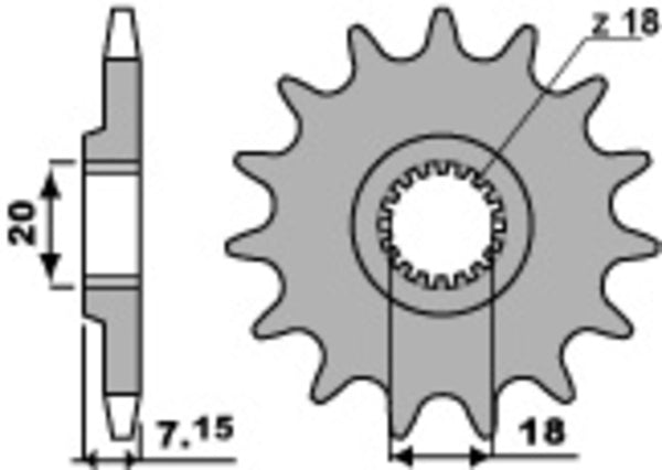 Teknisk ritning av PBR Steel Standard Front Sprocket 432 - 520 432 13 18NC med mått och kuggar, reservdel för chassidelar.