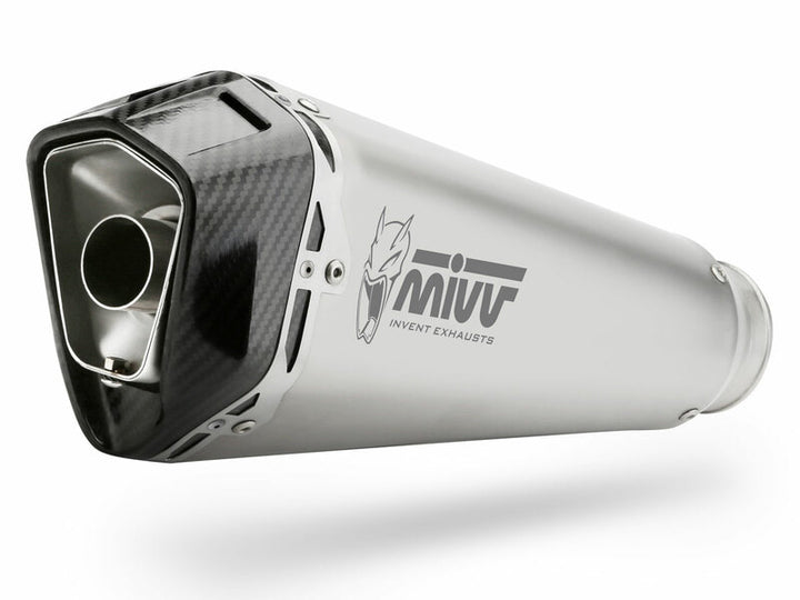 Närbild av MIVV Delta Race Silencer i rostfritt stål med kolfiberändstycke för Honda X-ADV 750 H.066.LDRX. Reservdel inom avgassystem.
