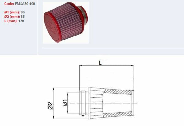 Filtru de aer BMC conic Ø60mm-FMSA60-100 FMSA60-100