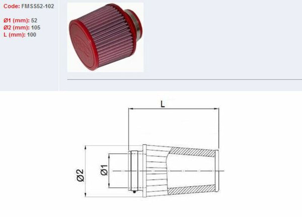 Filtru de aer BMC conic Ø52mm-SS52-102 FMS52-102