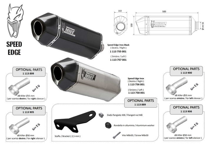 MIVV Speed Edge Universal Silencer - Right Side 00.73.KU.001.SRB i svart och rostfritt stål med kolfiberände, perfekt för motorcykelavgassystem.