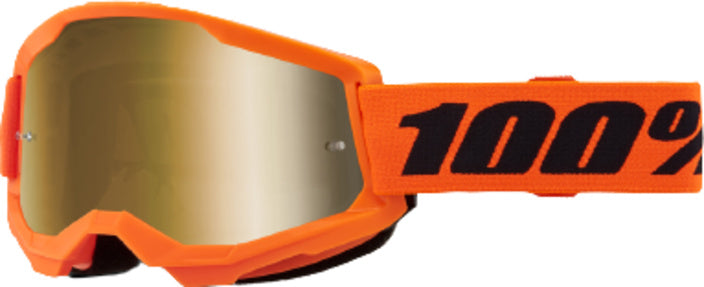 100% Goggles Strata 2 Orange med guld spegelglas, designade för motocross och motorcykelkörning. Slitstarka skyddsglasögon med justerbart band.