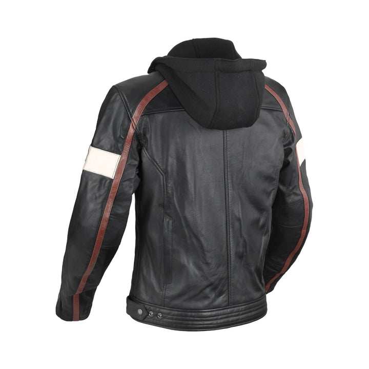 Difi Mc-Skinnjacka Detroit 2 Svart/Brun med bruna detaljer och avtagbar huva, sedd bakifrån. Perfekt för motorcykelentusiaster.