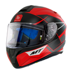 MT Helmets Integral Mc-Hjälm Targo Podium Rojo med röd och svart design, visir och aerodynamisk form för motorcykelsäkerhet.