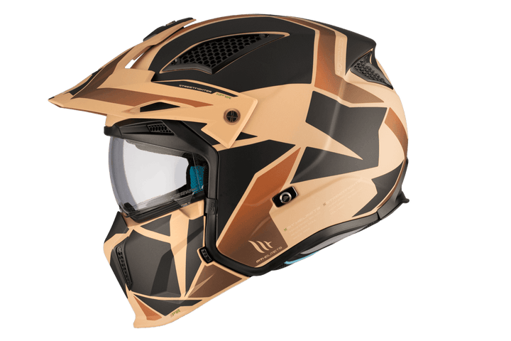 Sidovy av MT Helmets Streetfighter SV S P1R B9 i svart och beige med HIRP-skal och modern design för motorcykelentusiaster.