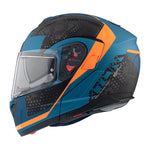 MT Helmets öppningsbar mc-hjälm Atom Adv blå med modern design, orange detaljer och integrerat visir. Perfekt för stadskörning och touring.