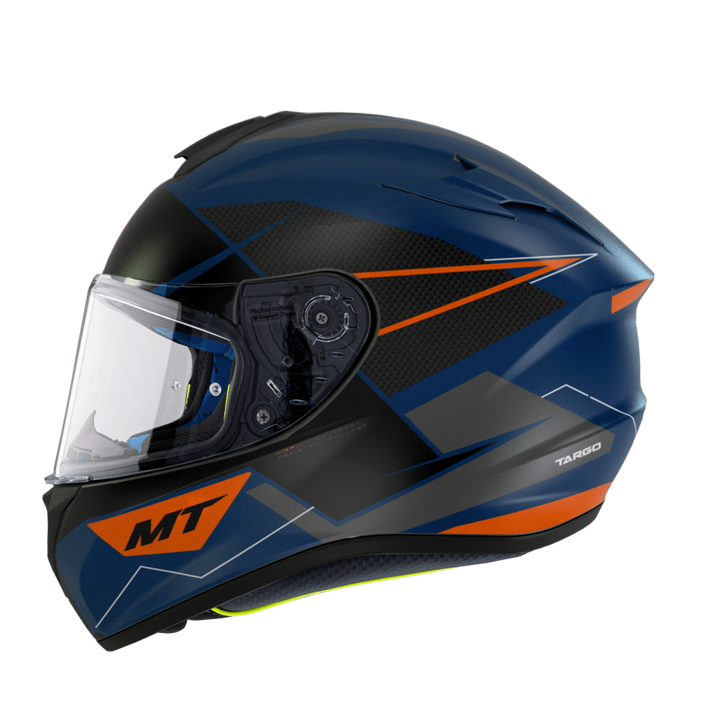 Sidovy av MT Helmets Integral Mc-Hjälm Targo Podium Azul med sportig blå och orange design, perfekt för motorcyklister.