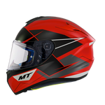 Sidovy av MT Helmets Integral Mc-Hjälm Targo Podium Rojo med röd och svart grafik, visir och robust konstruktion.