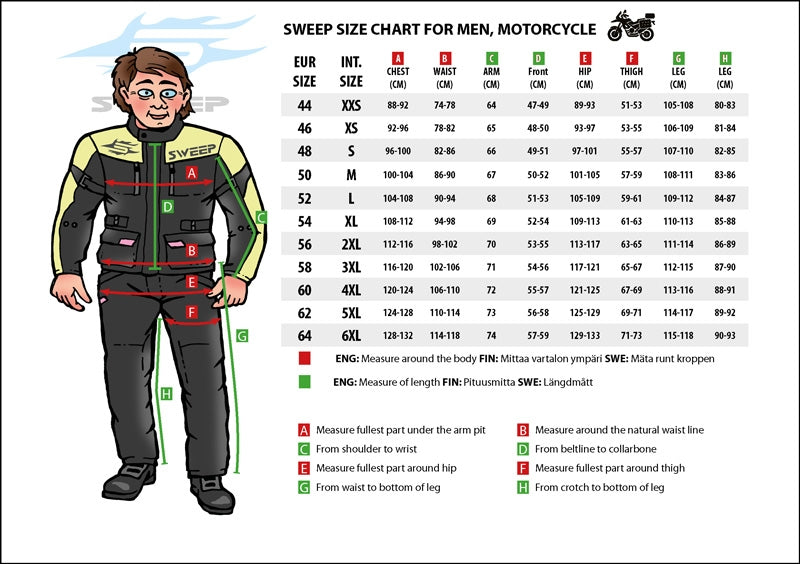 Storlekstabell för Sweep Softshell Mc-Byxor College Svart med mått och instruktioner för män. Hjälper till att välja rätt storlek för motorcykelkläder.