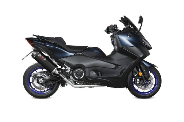 MIVV Oval Full Exhaust System Y.073.LVC monterat på en sportig svart scooter, visad från sidan med blå fälgar och aerodynamisk design.