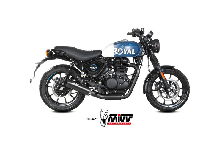 MIVV HR-1 Silencer RE.005.LH1BC installerad på Royal Enfield, sedd från sidan. Premium avgassystem för motorcykeltillbehör och reservdelar.