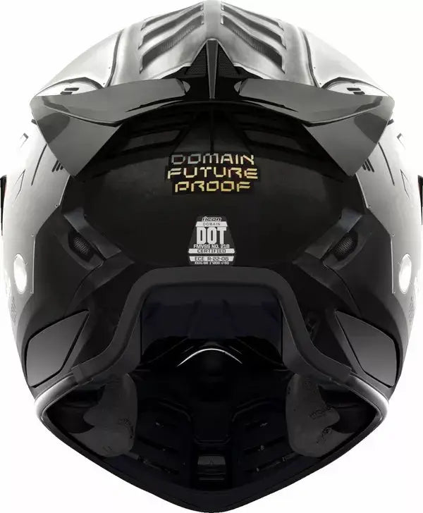 Bakre vy av Icon Integral Mc-Hjälm Domain™ Future Proof med detaljerad design och säkerhetscertifiering. Utforska vårt erbjudande från Icon idag.