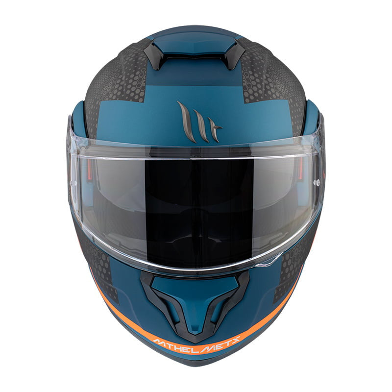 MT Helmets mc-hjälm Atom Adv blå sedd framifrån med klar visir och aerodynamisk design. Stilren hjälm för motorcyklister.