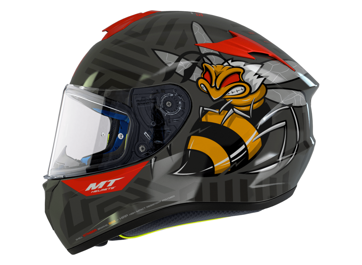 MT Helmets Integral Mc-Hjälm Targo Bee Rojo med getingmotiv på sidan, aerodynamisk form och röd accent. Passar för motorcykelåkning.