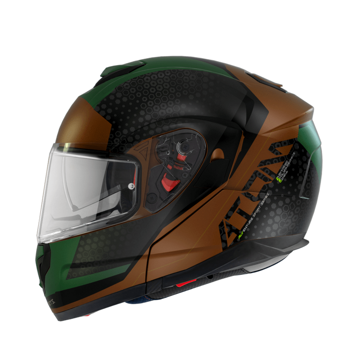 MT Helmets öppningsbar mc-hjälm Atom Adv grön med modern design, ventilationssystem och visir. Passar för stadskörning och touring.
