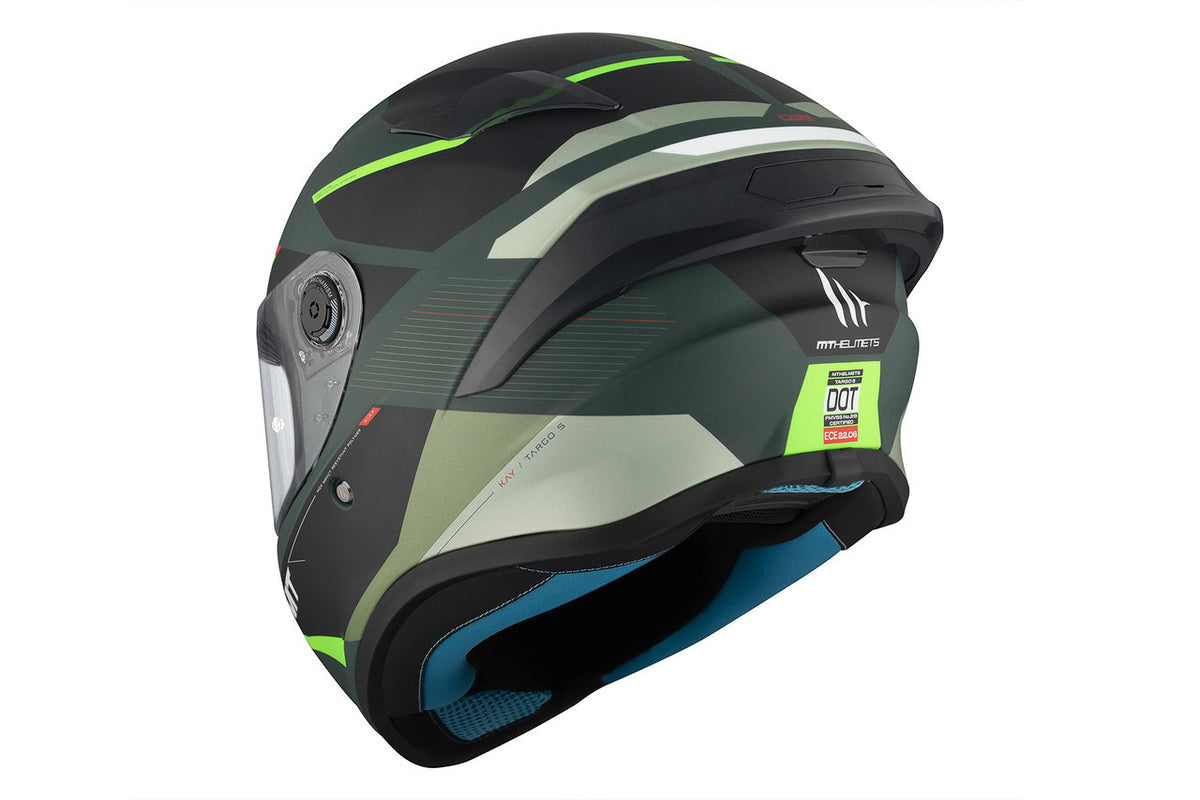 Baksida av MT Helmets Integral Mc-Hjälm Targo S Kay C6 med DOT-certifiering, aerodynamisk form och grönt, svart och neonmönster.