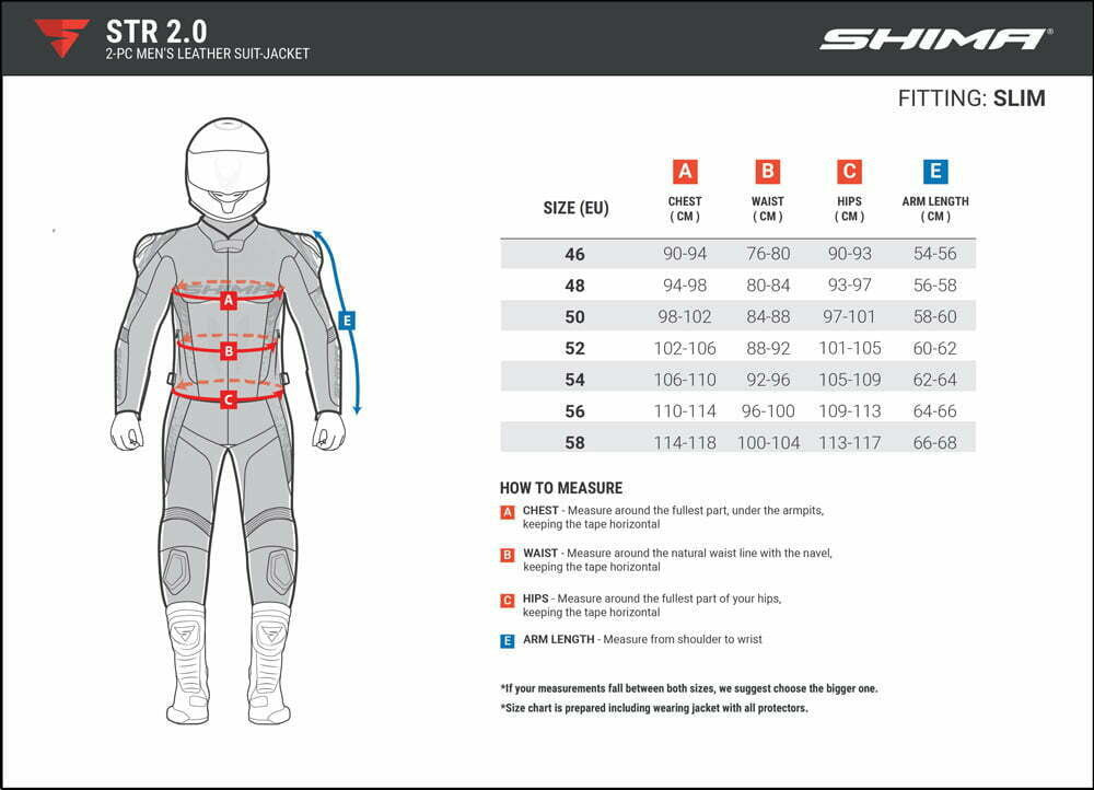 Storleksguide för Shima MC-skinnjacka STR 2.0 med mått för bröst, midja, höfter och ärmlängd. Slim fit-passform.