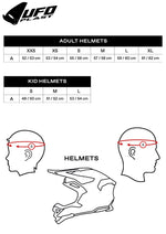 Storleksguide för UFO Jet Mc-Hjälm Sheratan Svart/Röd med mått för vuxna och barn samt illustration av hjälmens passform.