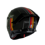 MT Helmets Integralhjälm Thunder 4 SV Mil Matt Svart med bakre vy som visar ränder i orange och gult samt DOT-certifiering. Modern design för säker motorcykelkörning.