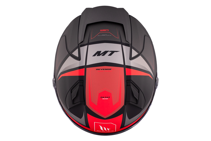 MT Helmets Integral Mc-Hjälm Revenge 2 Hatax B5 sedd ovanifrån med detaljerad grafik och logotyp. Stilren och säker för motorcykelåkning.