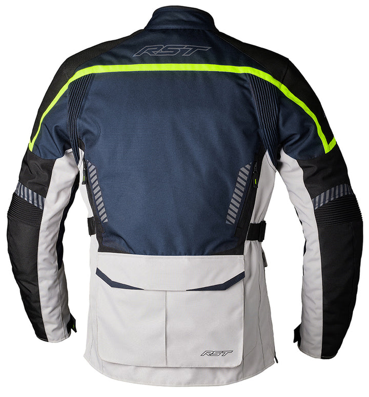 Baksida av RST Textil Mc-Jacka Maverick Evo Grå/Blå med neon-detaljer, ryggpanel och praktisk ficka. Designad för säkerhet och komfort.