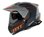 Sidovy av MT Helmets Enduro Mc-Hjälm Synchrony Patrol Matt Orange med robust konstruktion, visir och sportig design i grått och orange.