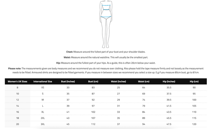 Storlekstabell för Knox Dam Skyddströja Urban Pro MK3 Svart med mått för bröst, midja och höft. Hjälper till att välja rätt storlek.