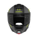 Framsida av Schuberth C5 MC-hjälm i svart med gula detaljer och klart visir. Köp nu för optimal säkerhet och komfort.