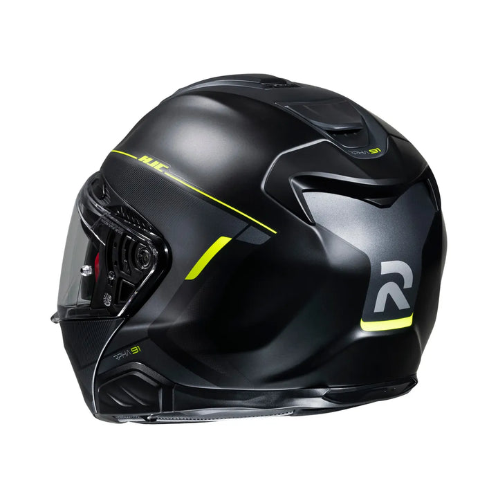 Baksidan av HJC Öppningsbar Mc-Hjälm RPHA 91 Combust Svart /Flu med aerodynamisk form och fluorescerande accenter.