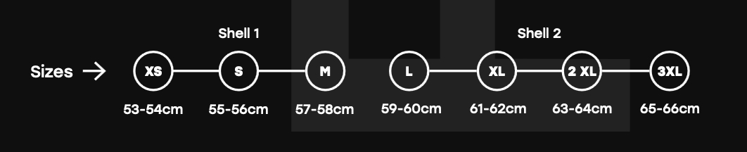 Storlekstabell för MT Helmets Integral Mc-Hjälm Thunder 4 SV R25 Grön, med storlekar från XS till 3XL och motsvarande huvudmått i cm.