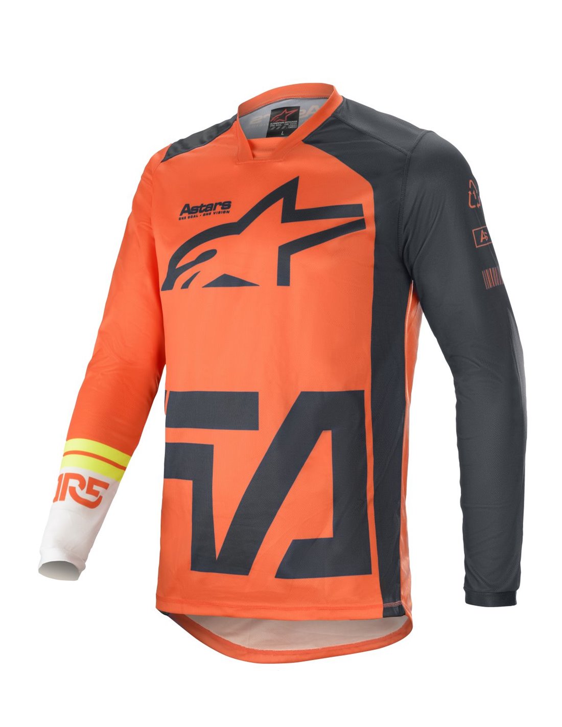 Alpinestars Crosströja Racer Compass i orange och grått med lång ärm, designad för motocross och offroad-körning.