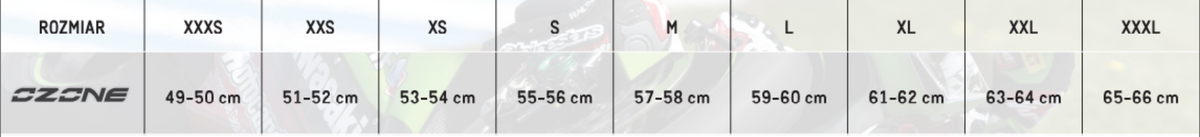 Storlekstabell för Ozone Integral Mc-Hjälm Arrow med mått från XXS till XXXL. Hjälmstorlekar för olika huvudomfång.
