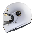 MT Helmets Integral Mc-Hjälm Jarama A0 Pearl White med vit finish och gulddetaljer, visir och ventilationsöppningar. Perfekt för stadskörning och säkerhet.