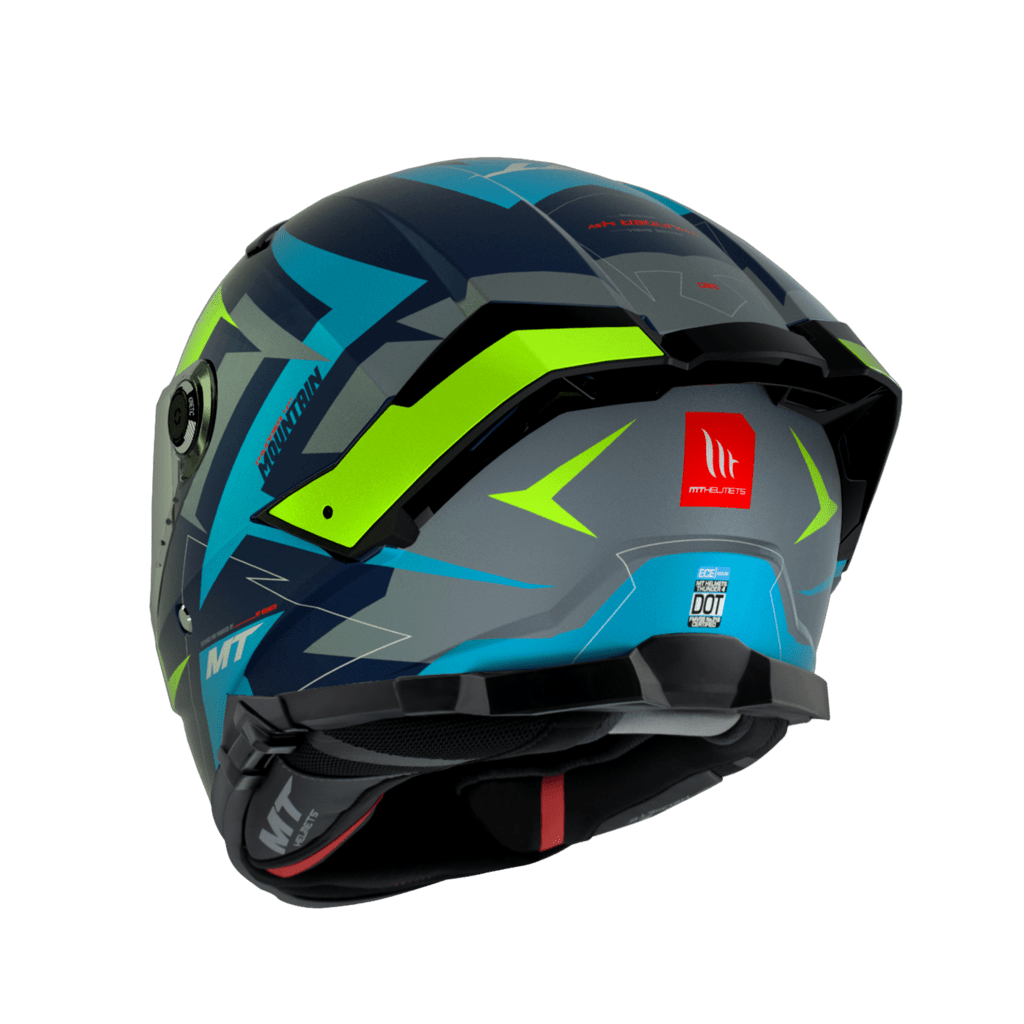 Baksida av MT Helmets Integral Mc-Hjälm Thunder 4 SV Mountain Matt Blå med säkerhetscertifiering och stilrena grafiska detaljer.