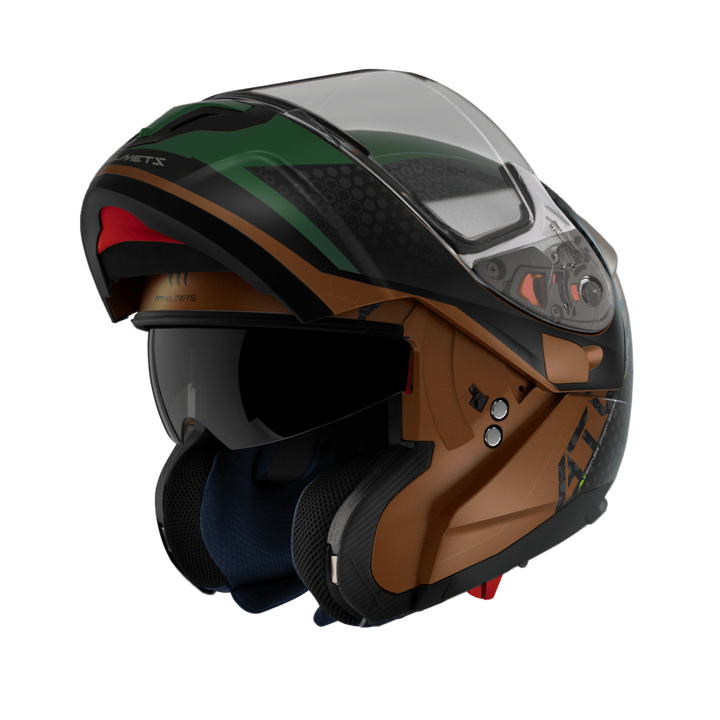 MT Helmets öppningsbar mc-hjälm Atom Adv grön med uppfällbart visir och bekväm interiör. Perfekt för säker motorcykelkörning.
