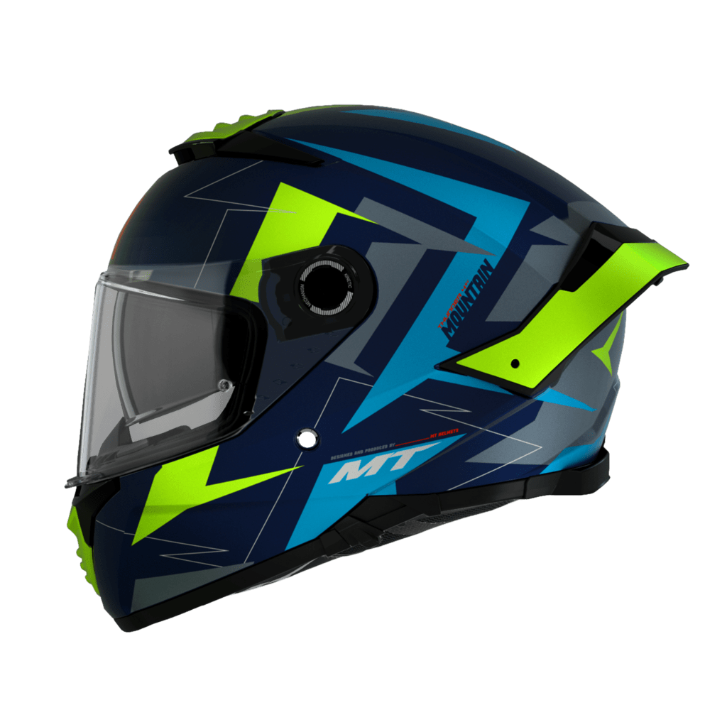 Sidovy av MT Helmets Integral Mc-Hjälm Thunder 4 SV Mountain Matt Blå med aerodynamisk form och grafiska detaljer i blått och grönt.