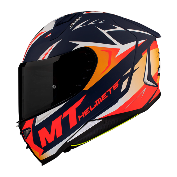 Sidan av MT Helmets Integral Mc-Hjälm Revenge 2 Acosta Blå med MT Helmets-logotyp och dynamiska färgkombinationer i blått, rött och orange.