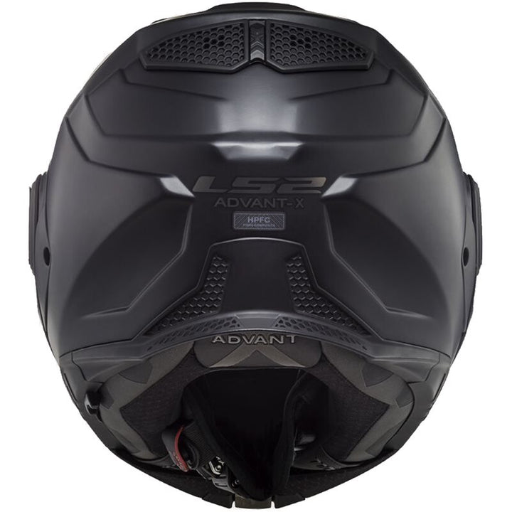 Baksida av LS2 Öppningsbar Mc-Hjälm Advant X Svart med aerodynamisk design och tydlig märkning av modellen.