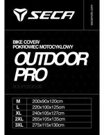 Storleksguide för Seca Outdoor Cover Pro, med dimensioner från M (200x90x120 cm) till 3XL (275x115x130 cm) för motorcykelskydd.