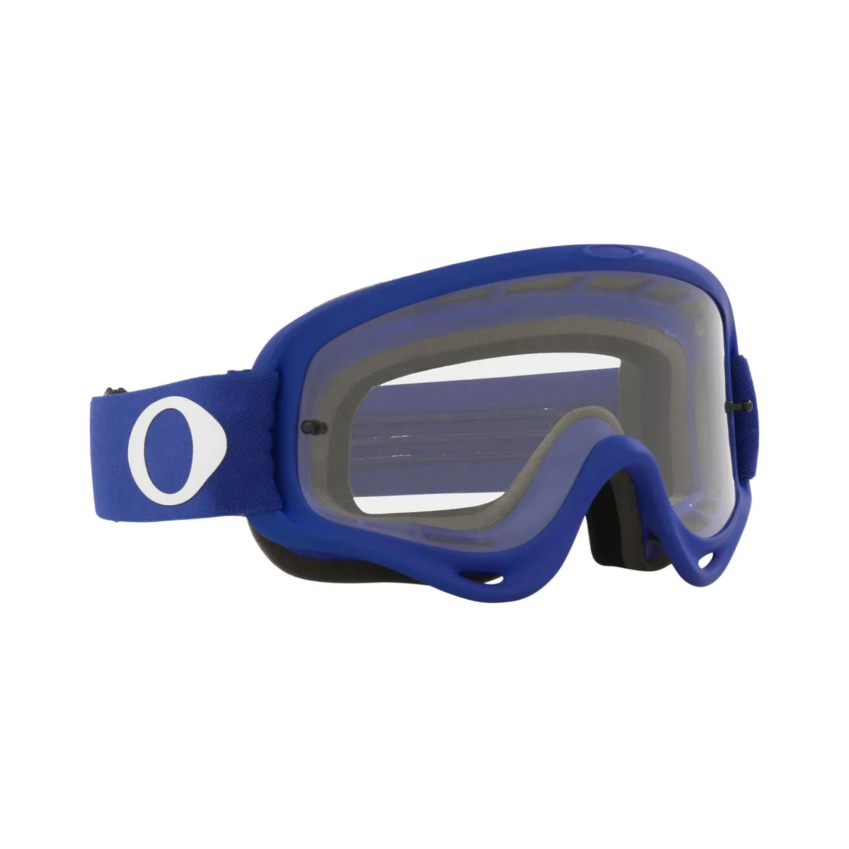 Oakley O Frame MX Moto Blue med klar lins, designad för motorcykelsäkerhet, med hållbar ram och bekväm passform.