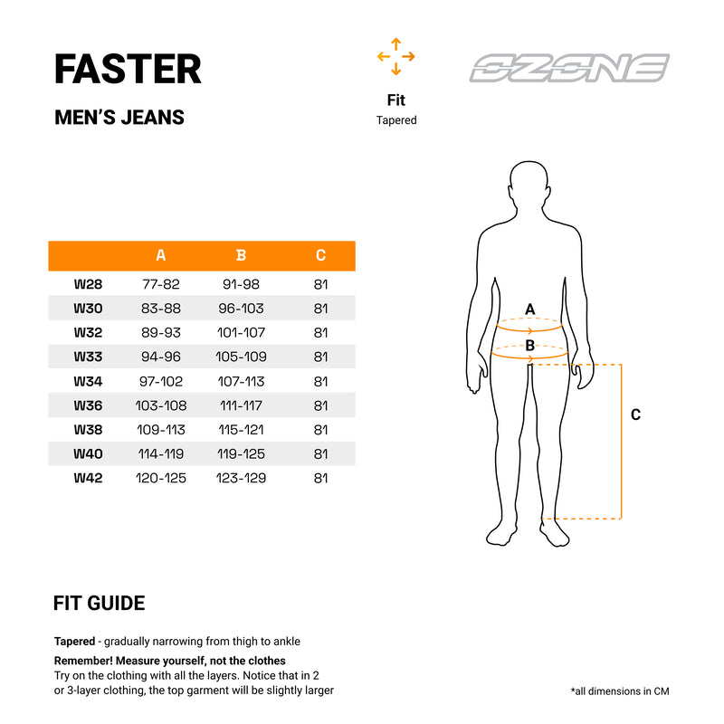 Storleksguide för Ozone Kevlar Mc-Byxor Faster Olive med mått för midja, höft och benlängd i en avsmalnande passform.