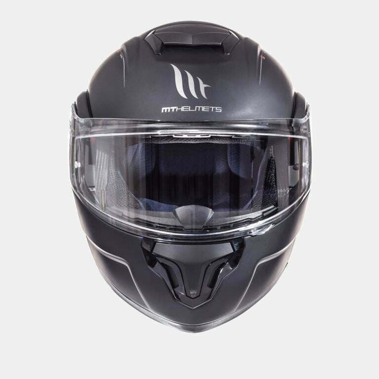 MT Helmets öppningsbar mc-hjälm Atom matt svart framifrån med klart visir och modern design. Idealisk för motorcykelförare.