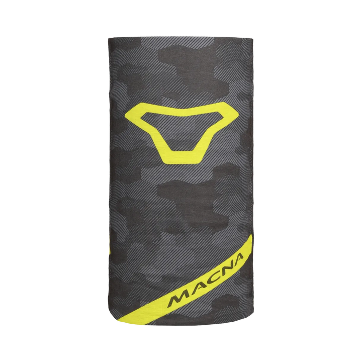 Macna Halskrage Tube Grå/Flu med kamouflagemönster och gult Macna-märke, idealisk som stilfull accessoar för stad och dam.