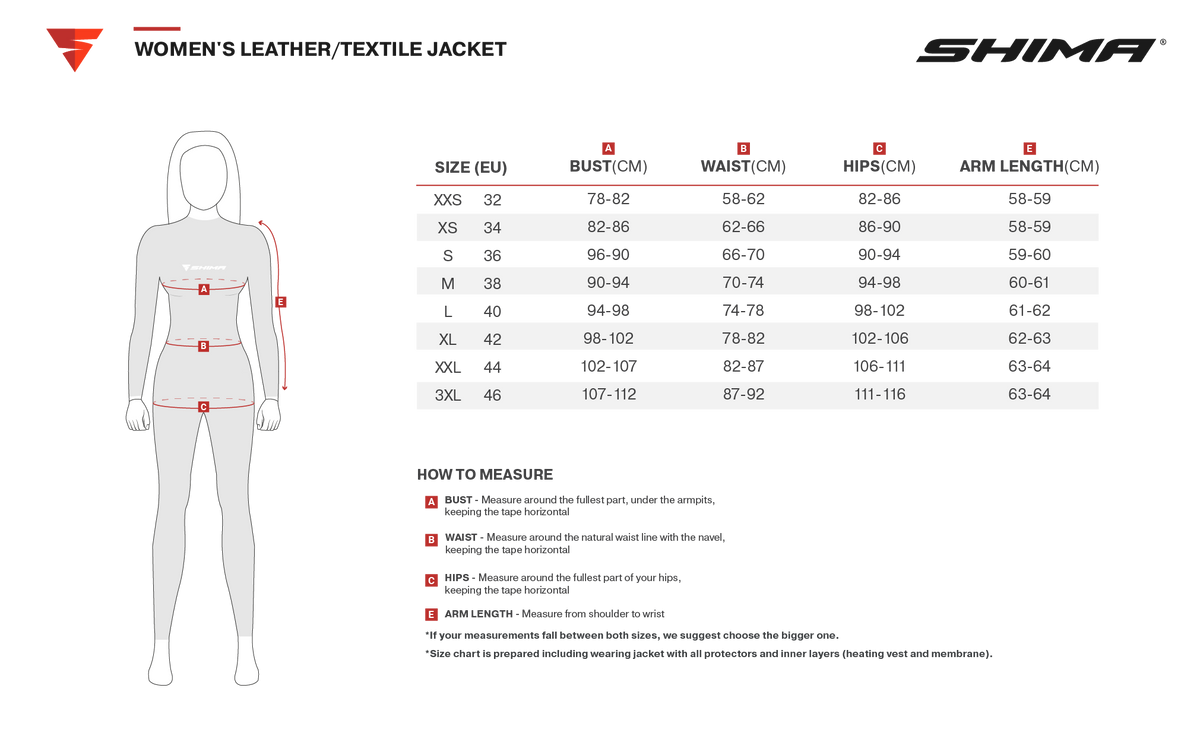 Storleksguide för Shima Dam Textil Mc-Jacka Drift Flu med mått för byst, midja, höfter och ärmlängd i EU-storlekar.