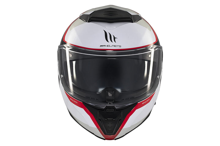 Frontalvy av MT Helmets Atom 2 SV Emalla B0 mc-hjälm med tydlig logotyp, stort visir och stilren vit, svart och röd färgkombination.