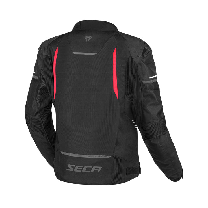 Baksidan av Seca Textil Mc-Jacka Aero Pro Svart/Röd med reflekterande detaljer och förstärkningar för extra skydd vid motorcykelkörning.