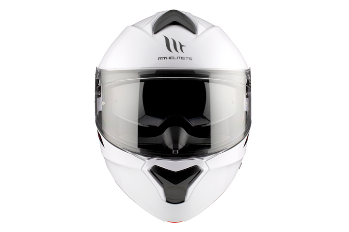 MT Helmets öppningsbar mc-hjälm Genesis SV vit, framifrån med klart visir och aerodynamisk form. Säker och stilren hjälm för motorcykel.