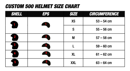 Storlekstabell för Bell Öppen Mc-Hjälm Custom 500 Matt Svart, med skal- och EPS-detaljer samt omkretsmått från XS till XXL.